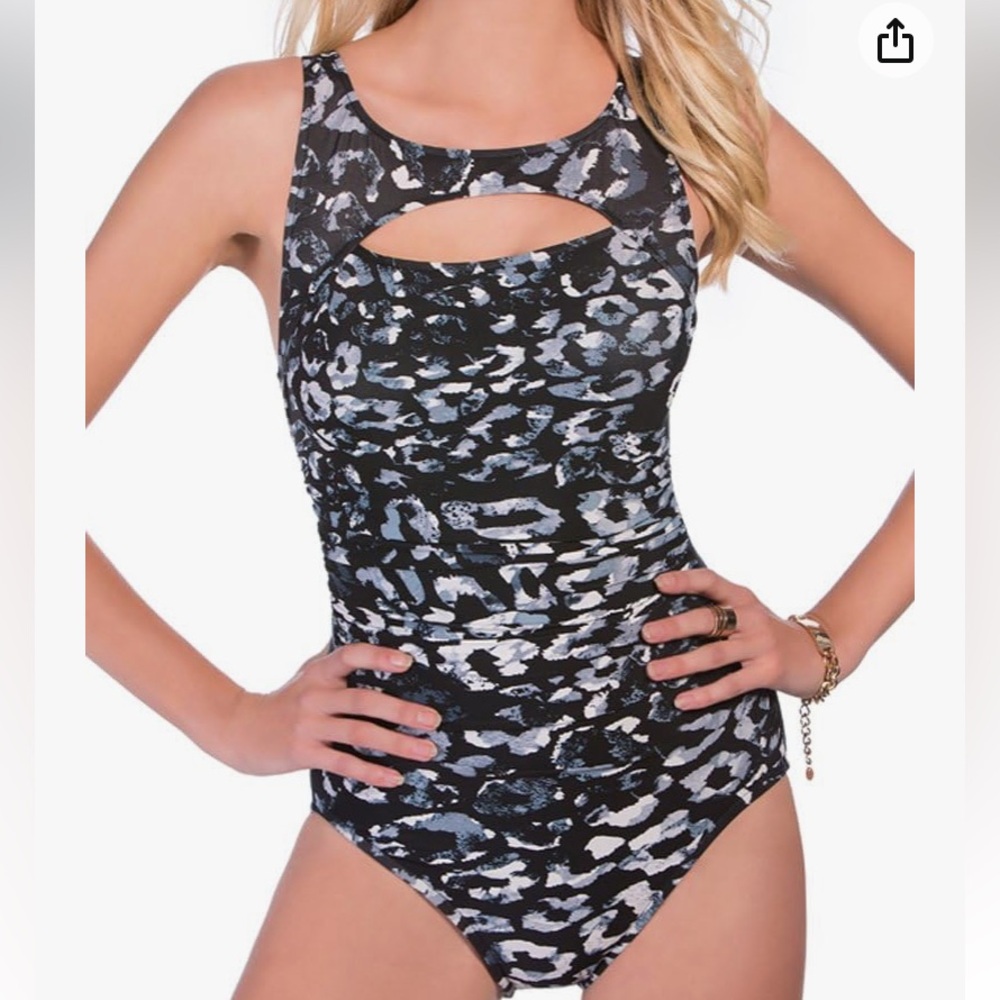Magicsuit Navy Blue Leopard Animal Print Chest Cutout Ruched One-Piece Swimsuit